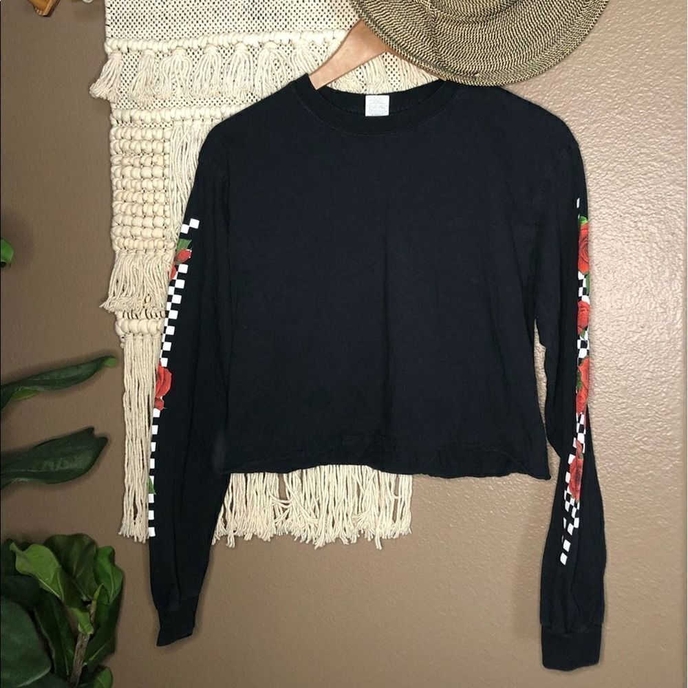 Black Long Sleeve Checkerboard & Rose Graphic Tee